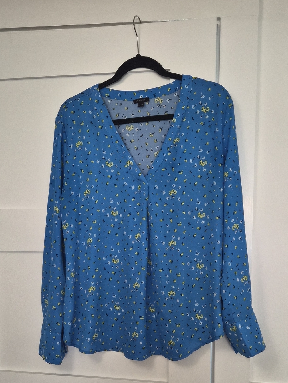 Ann Taylor Blue Floral V-Neck Long-Sleeve Blouse
